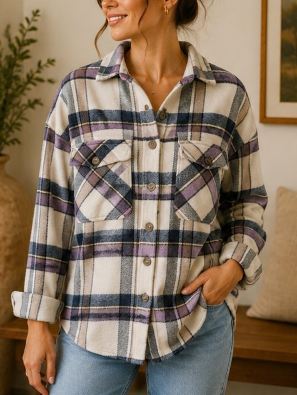 AQE Fashion Plaid Shacket Heavyweight Button Up Shirt Size Large